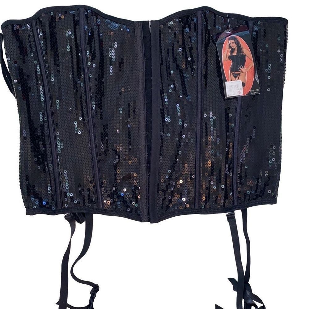 NWT Seven Til Midnight Sequin Queen Bustier Corset And Panty Set Black 3X/4X - Picture 1 of 4